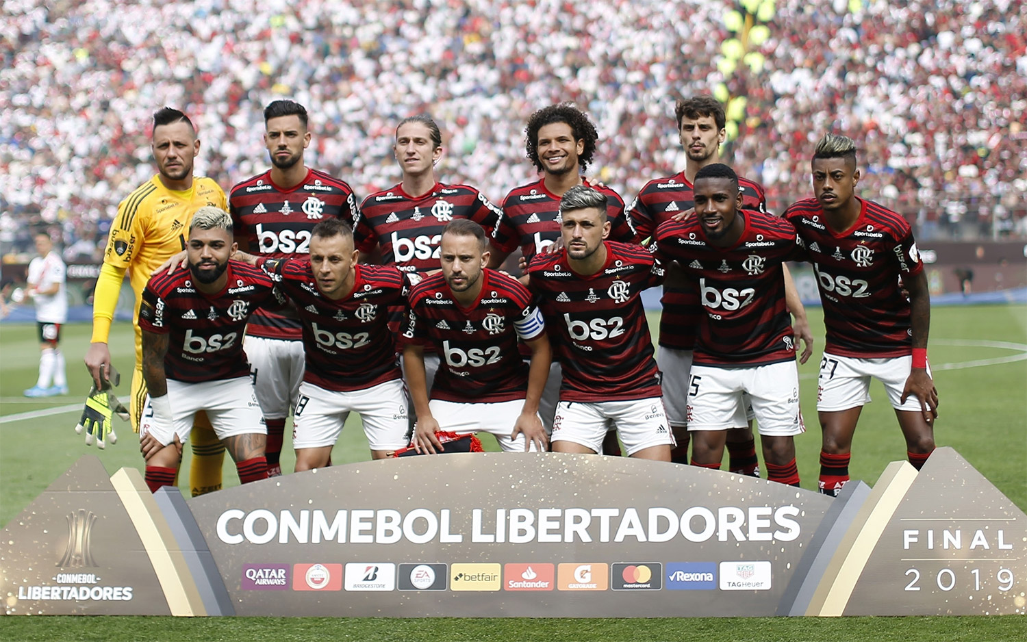 Time do Flamengo Campeão da Copa Libertadores da América 2019: Diego Alves, Pablo Marí, Filipe Luís, William Arão e Rodrigo Caio; Gabigol, Rafinha, Everton Ribeiro, De Arrascaeta, Gérson e Bruno Henrique