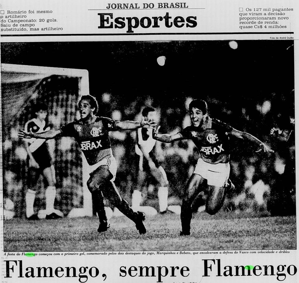 Jornal do Brasil: Bebeto comemora gol na final, em que o Flamengo bateu o Vasco por 2x0 e sagrou-se Campeão Carioca 1986