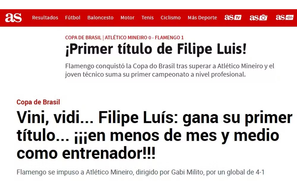 Jornais espanhóis repercutem a conquista do técnico Filipe Luís, Pentacampeão da Copa do Brasil 2024