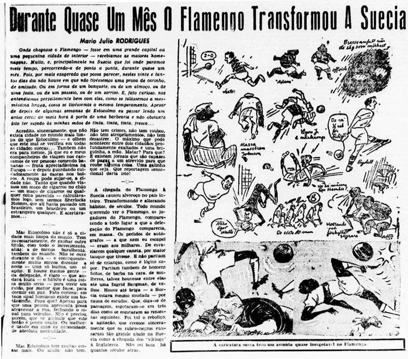 Mais um trecho do Jornal dos Sports de 28 de junho de 1951, falando do grande feito do Flamengo na Europa, com 10 vitórias em 10 jogos, e com a calorosa recepção da torcida do Flamengo pelas ruas do centro do Rio de Janeiro.