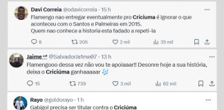 Mensagens de torcedores do Flamengo pedindo para entregar o jogo contra o Criciúma