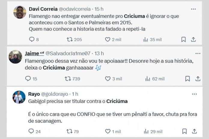 Mensagens de torcedores do Flamengo pedindo para entregar o jogo contra o Criciúma