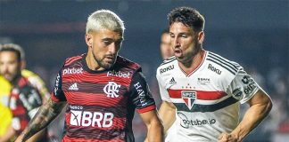 Arrascaeta e Calleri em jogo entre Flamengo x São Paulo em 2022