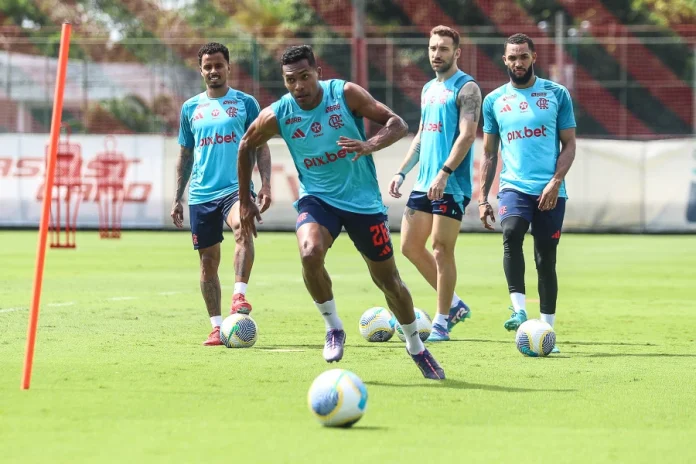 Jogadores do Flamengo em treino no Ninho do Urubu 2025. FOTO: Gilvan de Souza/Flamengo
