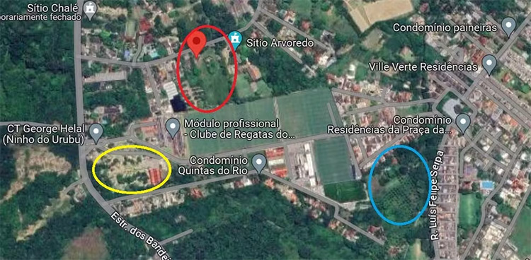 Dimensões aproximadas do local do miniestádio (amarelo), terreno comprado em 2024 (vermelho) e primeiro terreno comprado pelo Flamengo (azul) — Foto: ge
