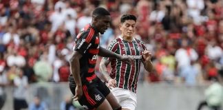 Evertton Araújo e Cano em campo no clássico entre Flamengo x Fluminense