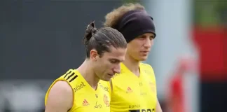 Filipe Luís e David Luiz em treino do Flamengo no Ninho do Urubu