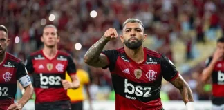 Gabigol comemora gol do Flamengo contra o Barcelona pela Libertadores 2020