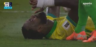 Gerson caído no jogo entre Brasil x Colômbia
