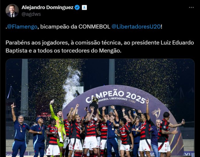 Alejandro Dominguéz parabeniza o Flamengo pela conquista da Libertadores sub-20