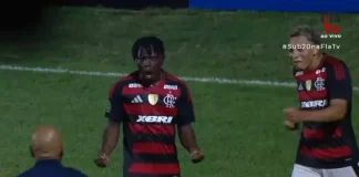Shola comemora mais um gol do Flamengo na goleada sobre o Olímpia na estreia da Libertadores sub-20