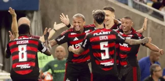 Wesley e jogadores comemoram o 1º gol do Flamengo na vitória sobre o Fluminense