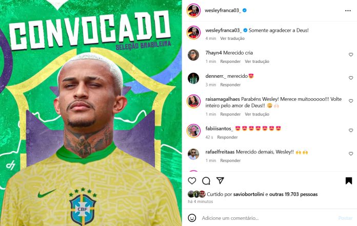 Wesley agradece convocação à Seleção Brasileira no Instagram