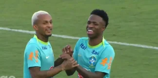 Wesley e Vini Jr em treino da Seleção Brasileira