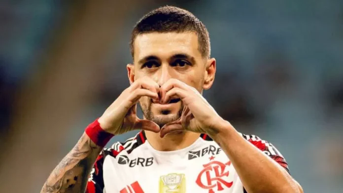Arrascaeta comemora o 1º gol do Flamengo contra o Grêmio