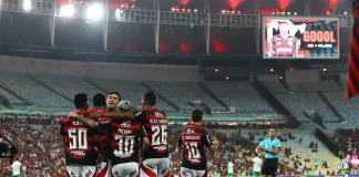 Jogadores do Flamengo comemoram mais um gol contra o Juventude