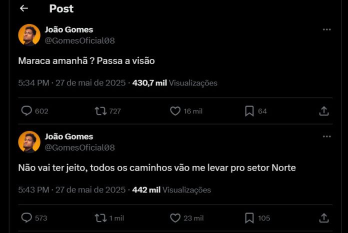 João Gomes postou que vai ao Maracanã ver o Flamengo