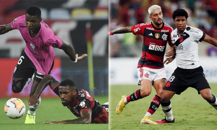 Caicedo no duelo com Gerson no jogo entre Del Valle x Flamengo e Arrascaeta no duelo com Andrey Santos no jogo entre Flamengo x Vasco