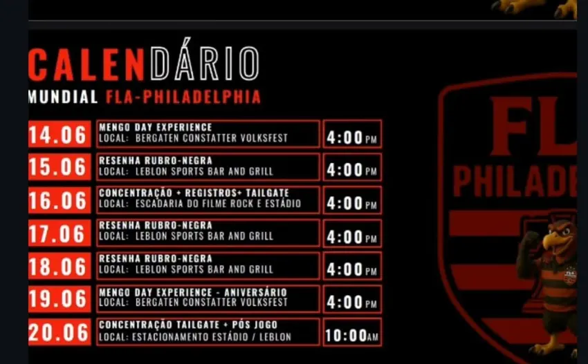 Cronograma de eventos do Flamengo na Filadélfia (Foto: Divulgação)