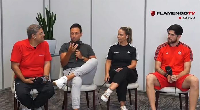 João Guilherme e Dani Boaventura em entrevista com os goleiros Diego Alves e Rossi