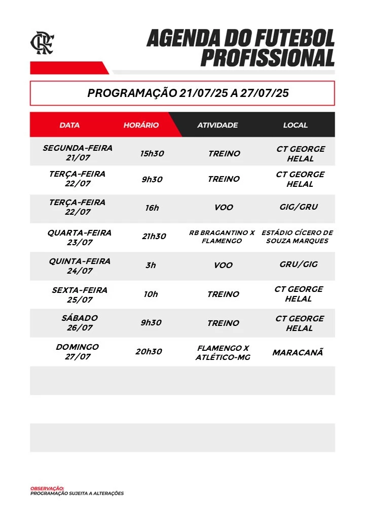 Programação do Flamengo de 21 a 27 de julho