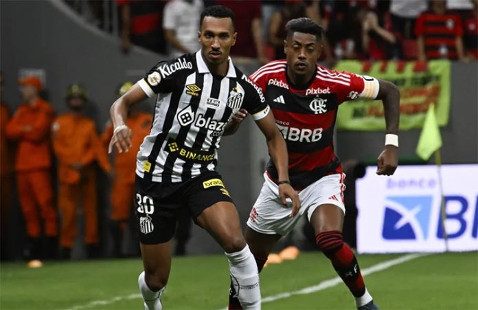 Bruno Henrique em campo pelo Flamengo contra o Santos