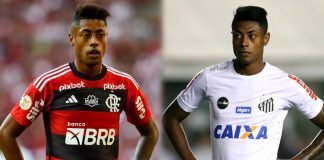 Bruno Henrique em campo pelo Flamengo e pelo Santos