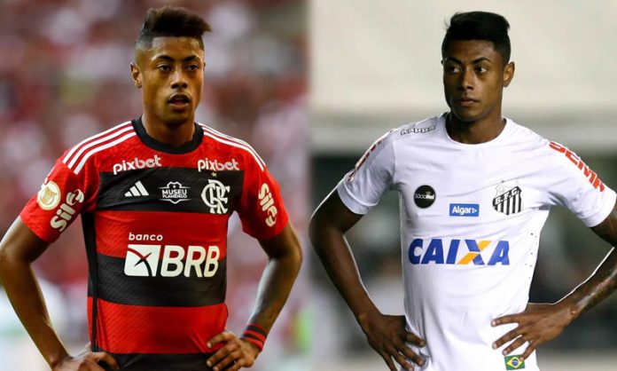 Bruno Henrique em campo pelo Flamengo e pelo Santos