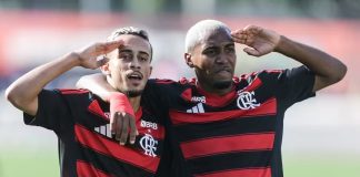 Matheus Gonçalves e Lorran em goleada do Flamengo sobre o Bayer Leverkusen na Gávea