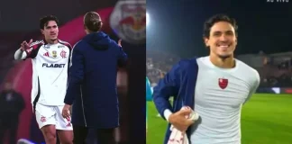 Pedro e Filipe Luís no jogo em que o Flamengo bateu o Bragantino