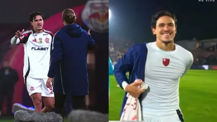 Pedro e Filipe Luís no jogo em que o Flamengo bateu o Bragantino