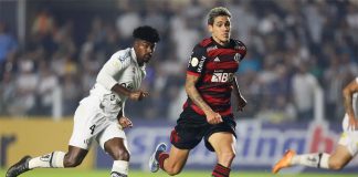 Pedro em campo pelo Flamengo contra o Santos na Vila Belmiro