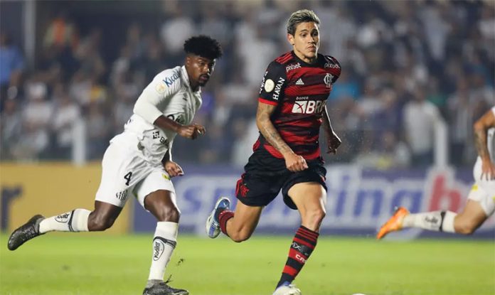 Pedro em campo pelo Flamengo contra o Santos na Vila Belmiro
