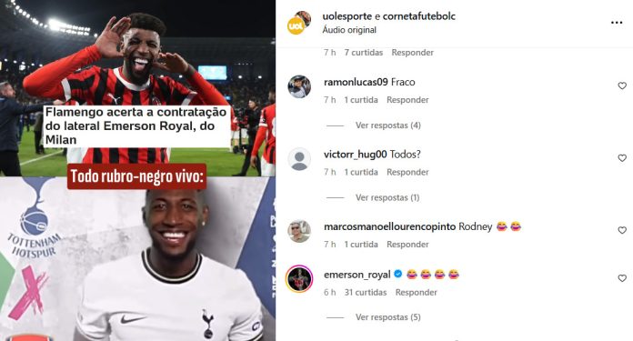 Emerson Royal deu risadas sobre o post no instagram