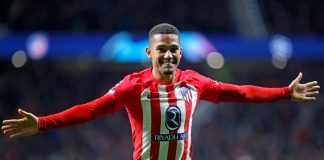 Samuel Lino comemora gol pelo Atlético de Madrid