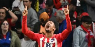 Samuel Lino comemora gol pelo Atlético de Madrid