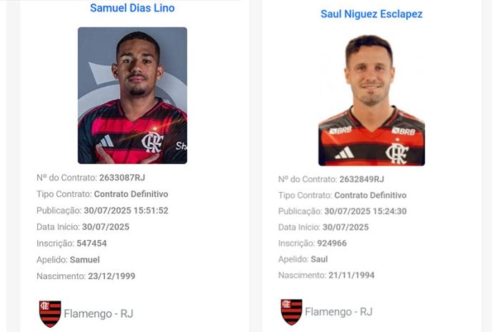 Samuel Lino e Saúl registrados pelo Flamengo no BID da CBF
