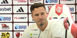 Saúl em sua coletiva de apresentação ao Flamengo no Ninho do Urubu