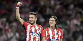 Saúl Ñíguez e Filipe Luís em campo pelo Atlético de Madrid