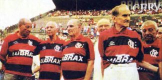 Cinco das maiores lendas da história do Flamengo, Domingos da Guia, Newton Canegal, Flávio Costa, Valido e Zizinho, em foto na Gávea em 1994