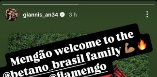 Giannis Antetokounmpo posta no instagram e dá as boas vindas ao Flamengo na "Família" Betano