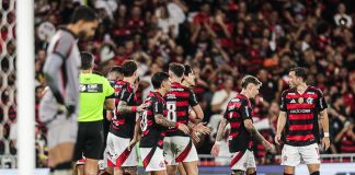 Jogadores comemoram mais um gol do Flamengo sobre o Vitória - FOTO: Gilvan de Souza