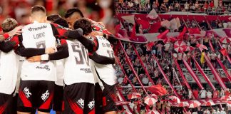 Jogadores do Flamengo e a torcida do Estudiantes