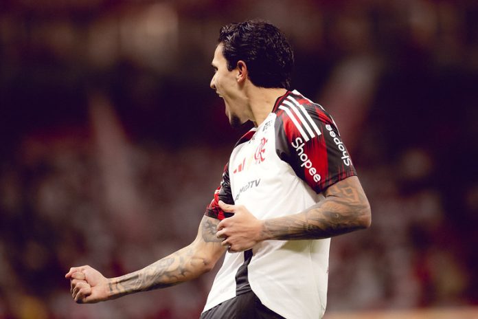 Pedro comemora um dos seus gols na vitória do Flamengo sobre o Internacional - FOTO: Adriano Fontes / Flamengo
