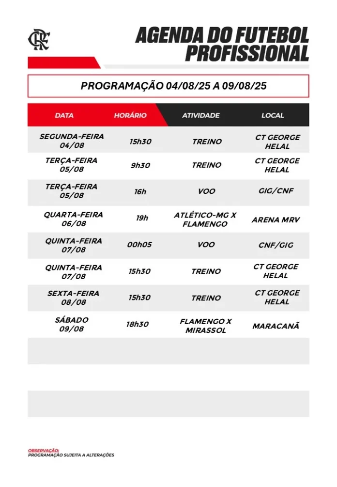 Programação da semana decisiva do Flamengo, jogo contra Atlético-MG e Mirassol
