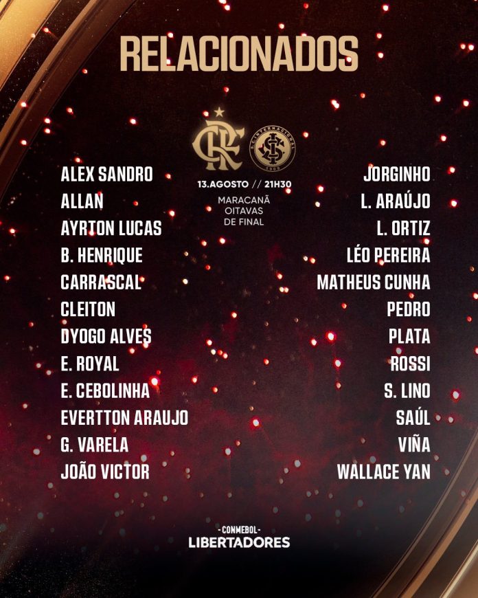 Jogadores do Flamengo relacionados para o jogo contra o Internacional