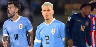 Arrascaeta, Varela e Plata em campo pelas seleções do Uruguai e Equador, respectivamente