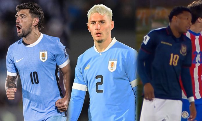Arrascaeta, Varela e Plata em campo pelas seleções do Uruguai e Equador, respectivamente
