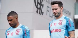 De la Cruz e Saúl em treino do Flamengo no Ninho do Urubu