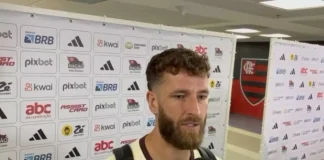Léo Pereira em entrevista na zona mista do Maracanã